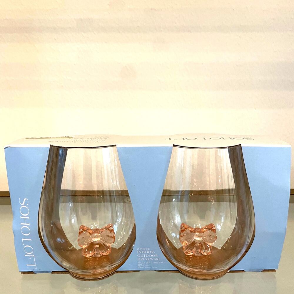 Pink Bow Coquette Acrylic Stemless Wine Glasses 19oz Set of 2 Soho Loft New - Picture 4 of 10